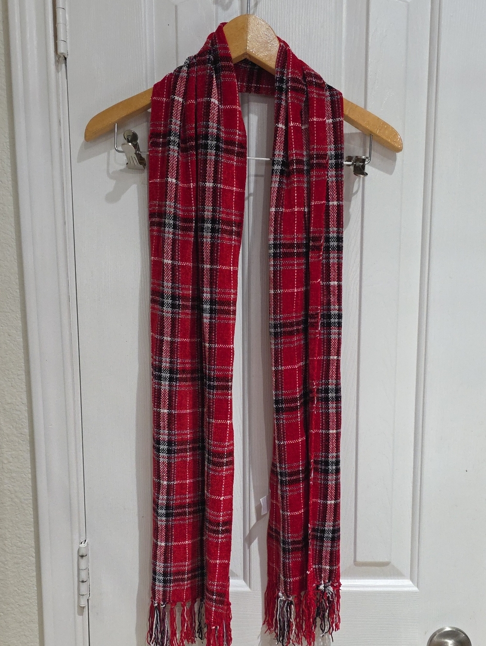 Rayon Red Plaid Fringe Scarf - Unbranded.